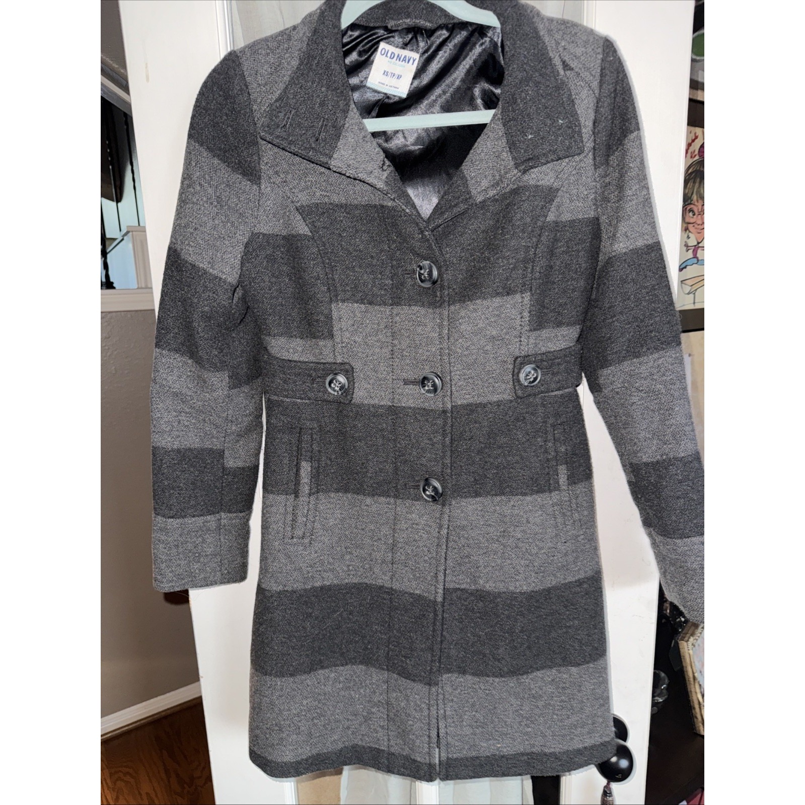 Old Navy Black Gray Recycled Wool Blend Rugby Stripe Trench Pea Coat Sz Xs 5512